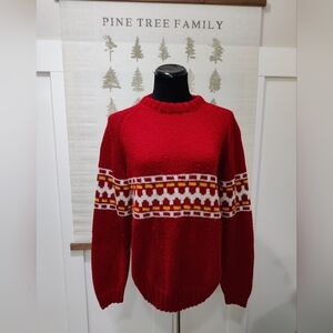 Vintage Hand Knit Red Nordic Fair Isle Sweater Wool Mix